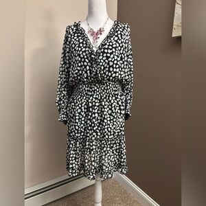 Smocked Waist Tiered Dress XL Black White Long Sleeve Cato